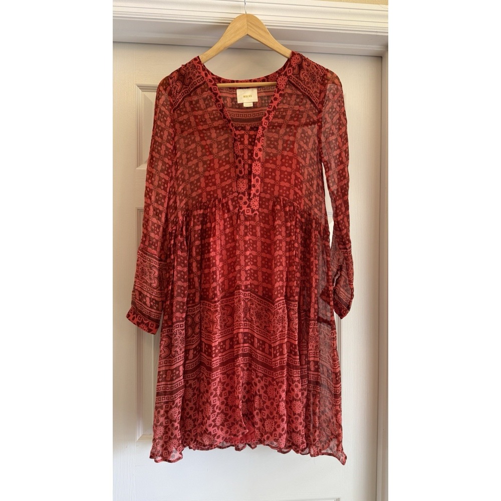 Maeve Dress Women Size 0 Red Geometric Print Cupro Long Sleeve Boho Mini Slip